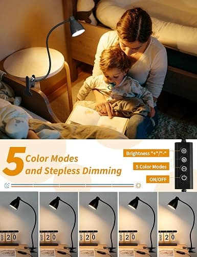 BOHON Desk Lamp 5 Color Modes 10 Brightness Dimmer Reading Light 10W 38 LED Clamp Lamp with Auto Off Timer 360° Flexible Neck Clip on Light for Bed Bedside, AC Adapter Include thumbnail 3