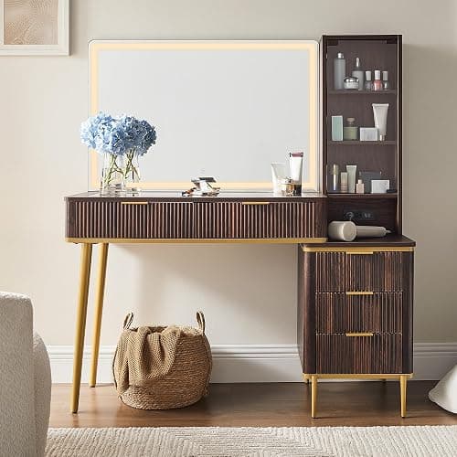 T4TREAM Fluted Makeup Vanity Desk with 36" HD Lighted Mirror, 48" Big Modern Vanity Desk with Mirror and Lights, Dressing Table with 5 Drawers & Shelves, Glass Top for Bedroom, Dark Walnut thumbnail 6