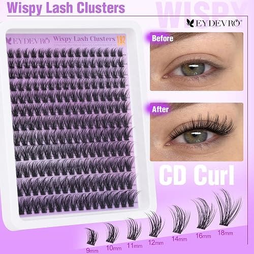 EYDEVRO Wispy Cluster Lashes Natural Lashes Individual Cluster 9-18mm 192 Pcs Lash Clusters CD Curl Eyelash Clusters Individual Eyelashes Reusable Comfortable False Eyelashes Manga Lashes thumbnail 4