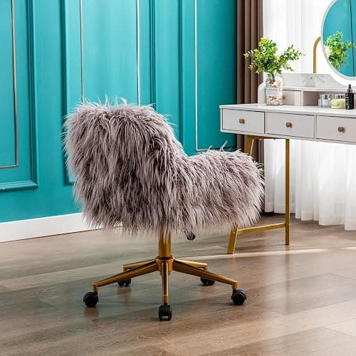 KCC Fluffy Office Desk Chair, Faux Fur Modern Swivel Armchair with Wheels, Soft Comfy Fuzzy Elegant Accent Makeup Vanity Chairs for Women Girls, Home Living Dressing Room Bedroom, Gray thumbnail 7