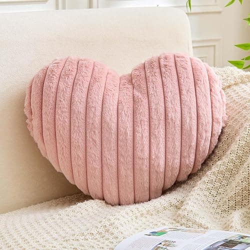 XVTRU Heart Pillows Heart Decorative Pillow Soft Fluffy Heart Shaped Dusty Pink Throw Pillows with Faux Rabbit Fur Aesthetic Room Decor Cute Small Pillow for Valentines Mother's Day - Image 1