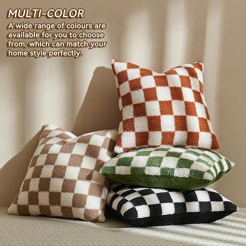 AmHoo Pack of 2 Decorative Throw Pillow Covers Checkerboard Luxury Super Soft Faux Fur Wool Set Case Cushion for Couch Sofa Bedroom 18 x 18-Inch Sage Green thumbnail 6