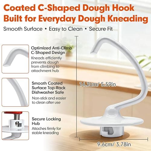 K45DH Coated C Dough Hook for KitchenAid 4.5-5Qt Tilt-Head Stand Mixers | Fits K45 K45SS KSM90 KSM150, Dishwasher Safe C-Shaped Bread Hook for Kneading Bread, Pizza and Yeast Dough thumbnail 4