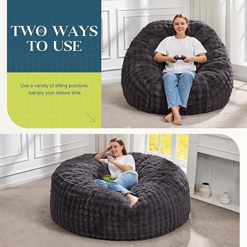 Hobestluk Bean Bag Chairs 5ft Beanbag Chair with Filler Adult Bean Bags with Fluffy & Machine Washable Cover, Giant Bean Bag Chairs for Adults (Dark Grey, 5FT-50" x 50" x 24") thumbnail 3