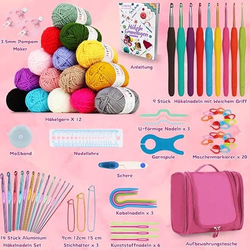 Coopay Kit de crochet portable pour débutants, complet avec crochets ergonomiques de 2,0 à 10 mm, 15 couleurs de laine pour crochet, instructions (français non garanti), accessoires de crochet et sac thumbnail 2
