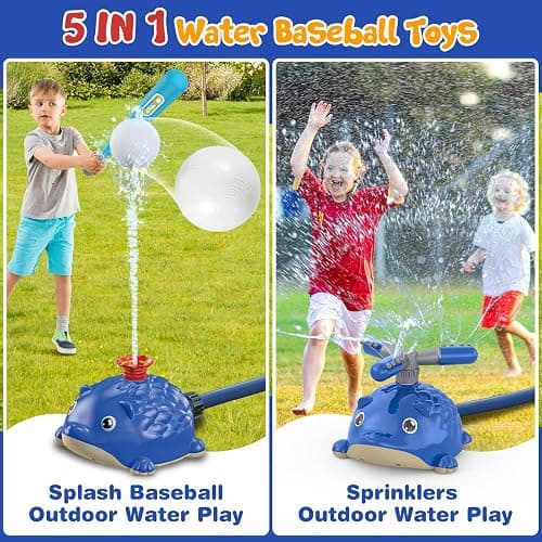 MuroMucci Water Sprinkler Baseball Toy, 5 in 1 Water Sprinkler for Kids Outdoor Play with 2 Sprinkler Heads, Hedgehog Baseball Sprinkler Toy, Summer Backyard Lawn Pool Party Fun thumbnail 3