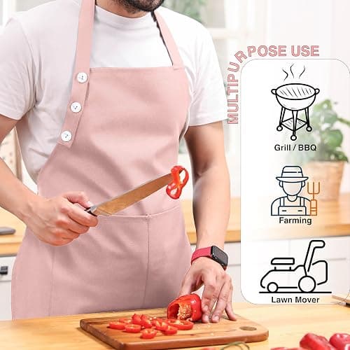 TOSHE Kitchen Apron Waterdrop Resistant Cotton Apron with adjustable Aprons for Women with Pockets 10 Color option Cooking Powder Pink Apron (Powder Pink) thumbnail 3