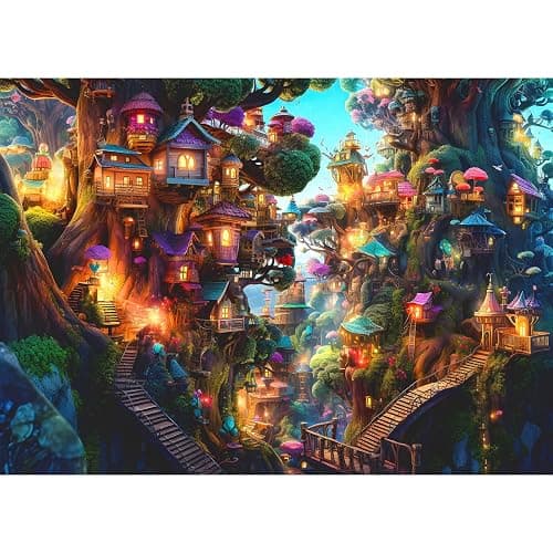 Puzzle 1000 pezzi, puzzle per adulti, un puzzle impegnativo, giochi di puzzle per tutto per le donne, regali per gli uomini, Tema: case sull'albero di fantasia - Image 1