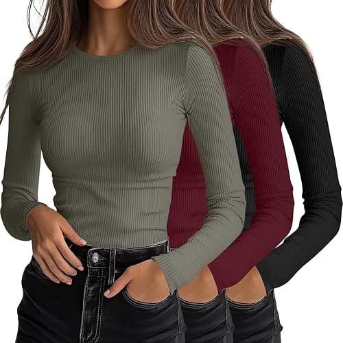 Ficerd 3 Pack Women's Ribbed Long Sleeve Tops, Crew Neck Slim Fit Undershirts Knit Basic Casual Stretch Layering Tee Shirts thumbnail 3