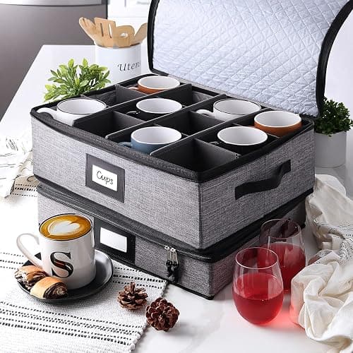 Hearth & Harbor Coffee Mug Storage, Quilted and Stackable Coffee Cup Storage Organizer for Service of 12, Mug Storage Box with Dividers, China Containers Hard Shell for Moving and Organization, Grey thumbnail 2