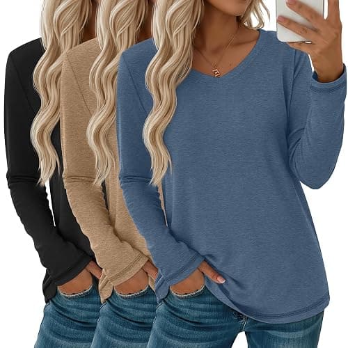 Oakgarden 3 Pack Women's Long Sleeve T Shirts | Casual V Neck Tops, Loose Fit, Basic Fall Tees, Soft Everyday Tops, Casual Shirts for Women - Image 1
