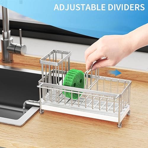 Cisily Stainless Steel Sponge Holder for Kitchen Sink with Towel Rack, Sink Caddy with Kitchen High Brush Holder, Organzier Rustproof 304 Stainless Steel Dish Organizer Divider, Soap Dispenser Storage thumbnail 5