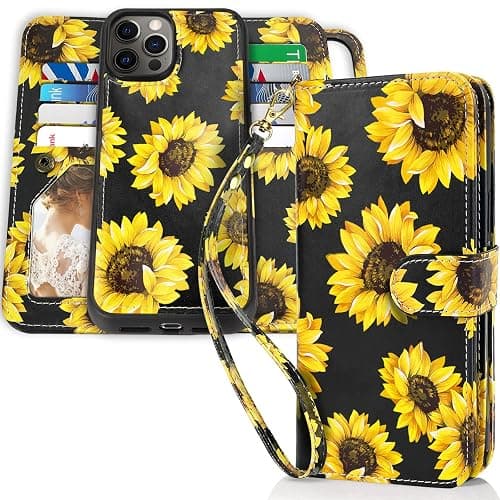 CASEOWL Compatible for iPhone 13 Pro Wallet Case for Women, Detachable Floral Leather Flip Wallet Phone Case with 9 Card Holder[RFID Blocking], Wristlet, Full Body Protective Case (Sunflower) - Image 1