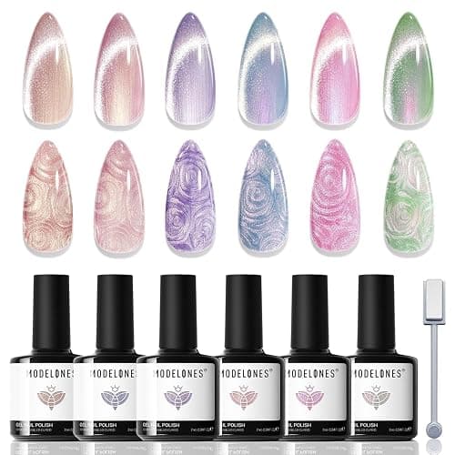 modelones Cat Eye Gel Nail Polish, 6 Colors Pearl Magnetic Swirl Shell Set | Purple Pink Blue Nude Green Glitter Cateye Gel Polish Kit with Magnet, Iridescent Mermaid Thread, DIY Manicure Gift for Women - Image 1
