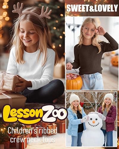LessonZoo 4 Pack Girls Long Sleeve Shirts Ribbed Knit Cotton Crewneck Tops Slim Fit Soft Casual Kids Base Layer Undershirts thumbnail 4