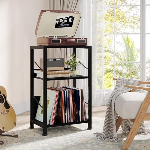 Hosfais 3 Tier Record Player Stand, Retro Vinyl Record Storage End Table Records for Living Room Bedroom (Black) thumbnail 2