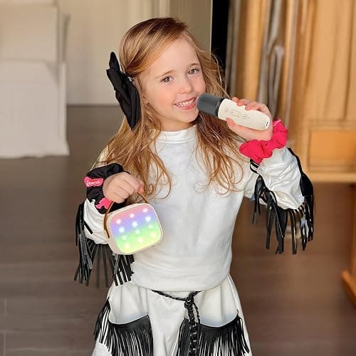 YLL Mini Karaoke Machine with 2 Wireless Microphones for Kids Adults, Portable Bluetooth Speaker Gift for Girls Toys 4, 5, 6, 7, 8, 10, 12+ Years Old Teens Birthday(Beige) thumbnail 8