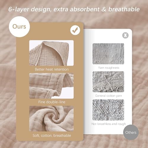 SWEET DOLPHIN Muslin Hooded Baby Bath Towels - 2 Pack 100% Cotton Towel for Babies, Infants, Toddlers - 32x32Inch - Highly Absorbent and Newborn Essential, Brown - Brown - 32 x 32 Inch （Pack of 2） thumbnail 7