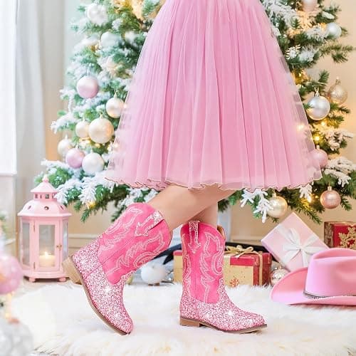 Motasha Girls Cowgirl Boots Unisex-Child Mid Calf Glitter Toddler Cowboy Boot Little Big Kids Western Riding Shoes thumbnail 2