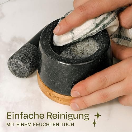 Praknu Mörser aus Granit klein mit Stößel - Für ein feines Mahlergebnis - Mit Untersetzer aus nachhaltigem FSC® Holz - Leicht zu Reinigen thumbnail 7