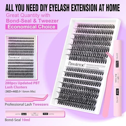 Pawotence Lash Extension Kit DIY 280pcs Lash Clusters Eyelash Extension Kit, 9-16mm 30D 40D Individual Lashes Kit with Lash Bond and Seal, Lash Tweezers for Self Use (30D&40D, 0.07D, 9-16mm, Kit) thumbnail 2