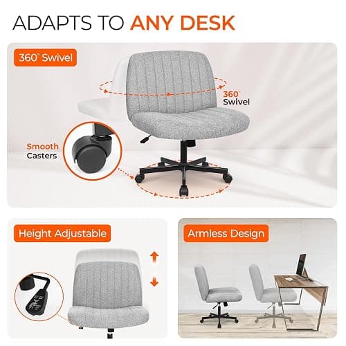 Orange Factory Criss Cross Chair Wheels Wide Cross Legged Office Desk Vanity Chair Comfy Fabric Armless Adjustable Swivel for Home Computer Task (Gray) thumbnail 6