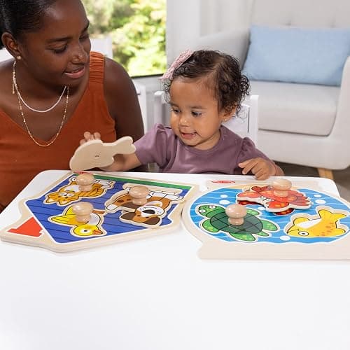 Melissa & Doug Wooden Jumbo Peg Puzzle 2-Pack – Fish Bowl, House Pets, 3-Piece for Toddlers Boys and Girls, Ages 1+ Years thumbnail 2
