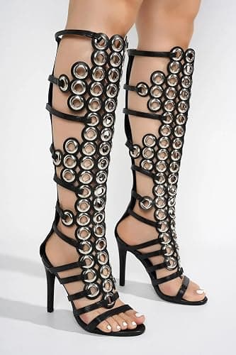 Tracieshoes Womens Gladiator Knee High Sandals with Back Zipper Metallic Circle Studded Design 4 Inch Stiletto High Heel Fashion Summer Boots - Image 1