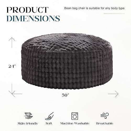 Hobestluk Bean Bag Chairs 5ft Beanbag Chair with Filler Adult Bean Bags with Fluffy & Machine Washable Cover, Giant Bean Bag Chairs for Adults (Dark Grey, 5FT-50" x 50" x 24") thumbnail 2