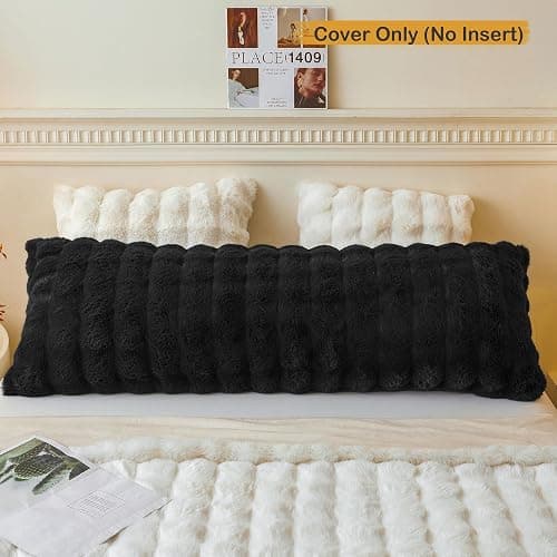 LIFEREVO Fluffy Faux Rabbit Fur Body Pillow Cover, Luxury Bubble Waffle Shaggy Plush Bed Body Pillowcase with Zipper Closure, Long 20"x54" Fuzzy Furry Pillow Case for Adults Kids Girls Teens, Black thumbnail 2