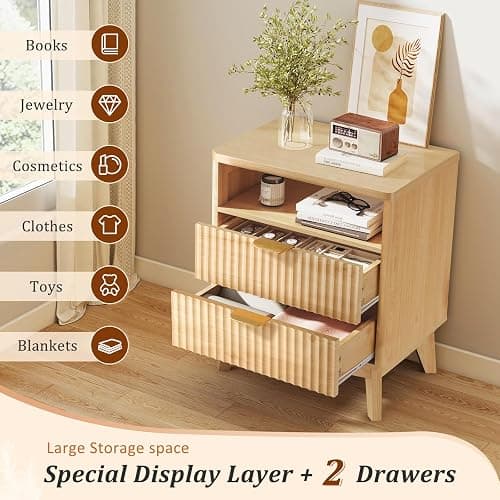 LYNCOHOME 2 Drawer Fluted Nightstand - Wooden Side Table with Open Storage Cabinet & Wood Legs for Bedroom - 1 Pack thumbnail 4
