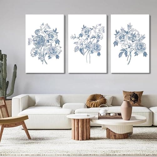 Blue Flower Canvas Wall Art Abstract Chinoiserie Floral Painting Picture Decor Minimalist Botanical Sketch Poster Print Artwork for Gallery Living Room Wall Home Decoration thumbnail 7
