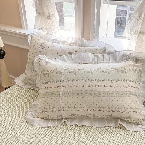VM VOUGEMARKET Girls Flower Comforter Set Green Leaves with Cute Rabbit Comforter with 2 Pillow Shams Romantic Ruffle Down Comforter Set(3pcs,Queen) thumbnail 7
