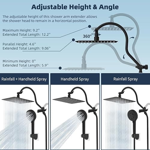 Hibbent All Metal High Pressure Rainfall 10'' Shower Head, CUPC Certified Handheld Showerhead Combo, 12'' Adjustable Shower Extension Arm, 10-Spray, 71'' Hose, Adhesive Showerhead Holder, Matte Black thumbnail 8
