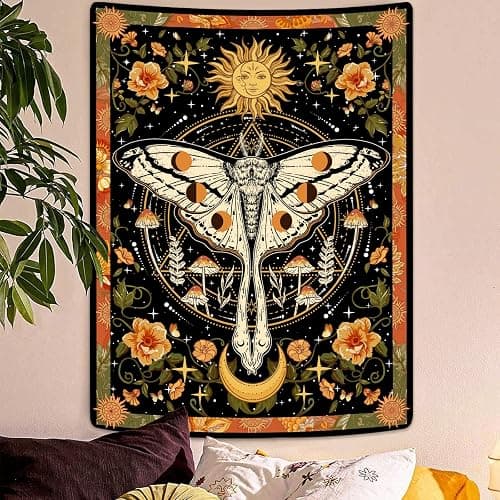 Aipon Orange Moth Tapestry Boho Retro Floral Flowers Tapestries Aesthetic Vintage Mushroom Tapestries for Bedroom Indie Small Tapestry Wall Hanging for Living Room Dorm (30'' × 40'', Orange) thumbnail 2