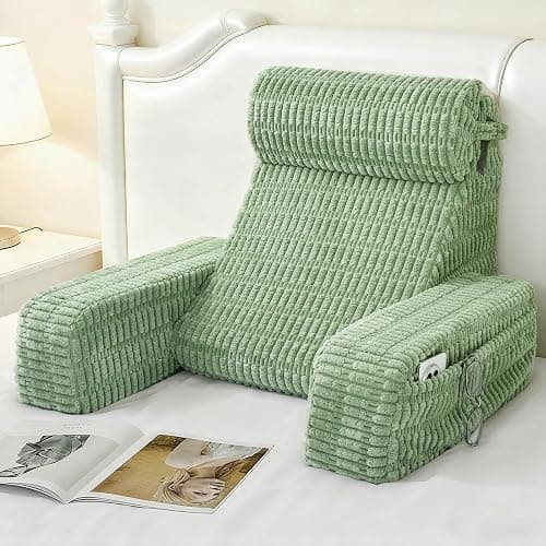 Selectico 19" Reading Pillow for Bed with Built-in Arms & Large Pockets, Supportive Backrest Cushion for Reading, Resting, or Reclining, Washable Cover – Sage Green - Image 1