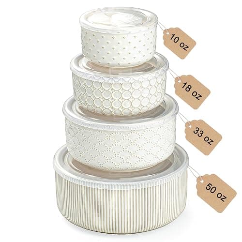 MIKIGEY Mixing Bowls with Lids Set of 4, Ceramic Nesting Bowls, Embossed Mixing Bowl Set for Food Storage, Prep Bowl, Gift, Microwave and Dishwasher Safe, 10/18/33/50 OZ, Off-White - Image 1