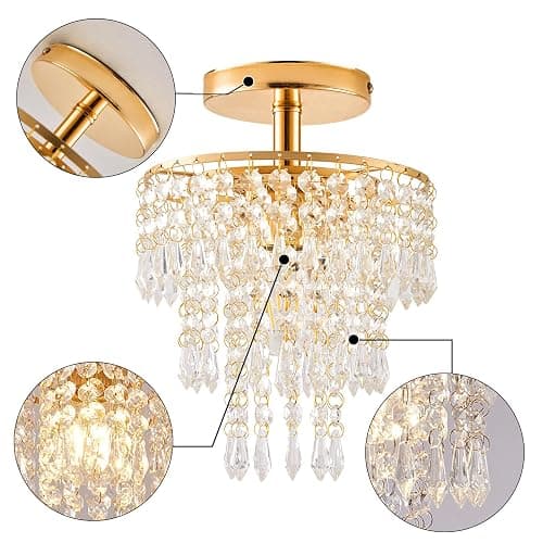 Modern Mini Crystal Chandelier, 3-Tier Raindrops Design Small Chandelier Light Fixture, Flush Mount Ceiling Light Fixture for Bedroom, Hallway, Living Room - E26 Base, Chandelier for Bedroom (Gold) thumbnail 3