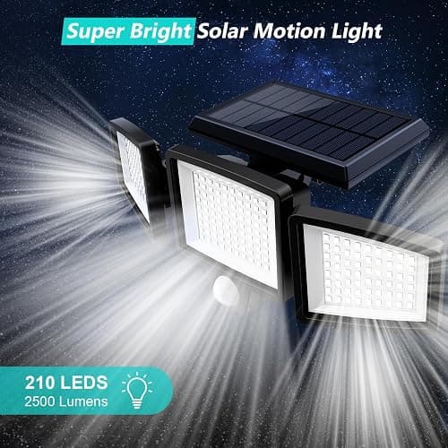 Tuffenough Solar Outdoor Lights 2500LM 210 LED Security Lights with Remote Control,3 Heads Motion Sensor Lights, IP65 Waterproof,270° Wide Angle Flood Wall Lights with 3 Modes(2 Packs) thumbnail 7