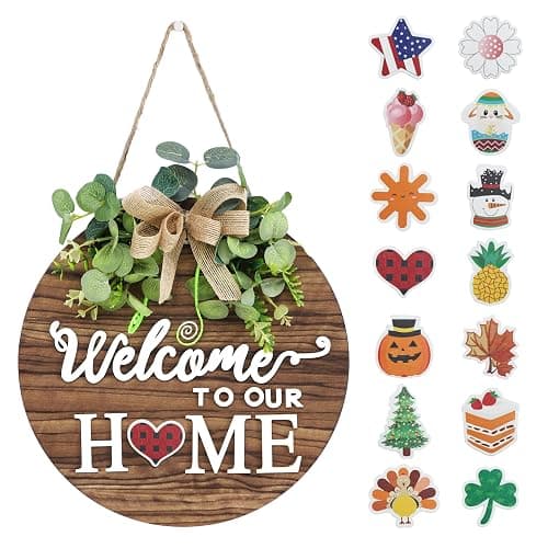 Interchangeable Seasonal Welcome Sign Front Door Decoration, Rustic Round Wood Wreaths Wall Hanging Outdoor, Farmhouse, Porch, for Spring Summer Fall All Seasons Holiday Halloween Christmas. - Image 1