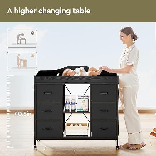 Yetom Changing Table, 6-Drawer Baby Dresser with Changing Table top,Waterproof Diaper Changing Station & Pad, 2 Height-Adjustable Open Storage Shelves, Mobile Nursery Organizer, Black thumbnail 4