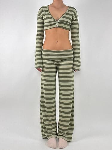 LILTWIST Women Y2k Striped Fold Over Pants Low Rise Yoga Pants Lounge Bottoms Color Block Wide Leg Flare Leggings Sweatpants thumbnail 2