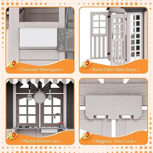 Albott Kids Outdoor Wooden Playhouse with Kitchen Playset, Backyard Cottage for Kids with Bench, Chalkboard, Pet Door, Wooden Mailbox and Flowerpot, Backyard Play House for Boys and Girls Ages 3-8 thumbnail 5