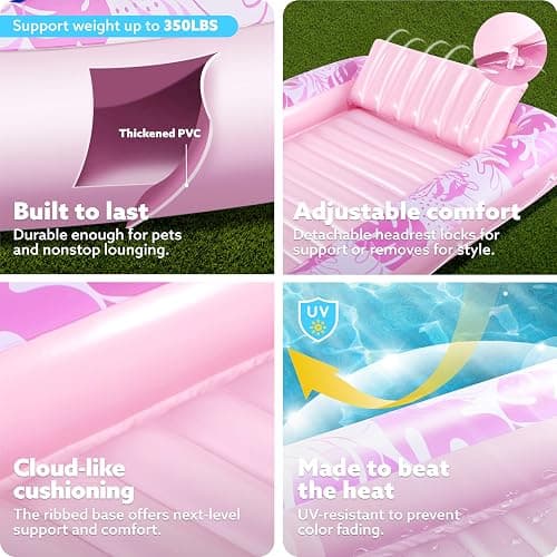 SLOOSH Inflatable Tanning Pool Lounger Float, 85" x 57" Extra Large Pool Floats Adult with Pillow, 4 in 1 Suntan Tub Raft Floatie,Sunbathing Bed Lounge for Water Blow Up Ball Pit, XL-Blushing Pink thumbnail 5