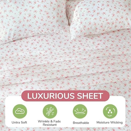 MUXHOMO Queen Size 4 Piece Sheet Set, Soft Breathable Bed Sheet Set for Bedroom with Deep Pocket Up to 16", Wrinkle-Free & Cooling Bedding for Oeko-TEX Certified - Blossoms Pink thumbnail 4