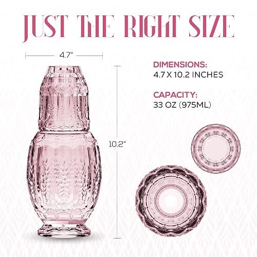 Elle Décor Vintage Bedside Water Carafe With Tumbler – Elegant Pitcher and Matching Drinking Glass Doubles As Lid For Guest Room, Office-Makes A Gift, 4.7x10.4, Pink thumbnail 3