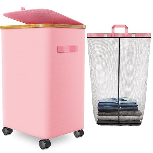 Laundry Hamper with Wheels,20 Gal (75L) Laundry Basket with lid Rolling Clothes Hamper Foldable Dirty Clothes Basket on wheels with Bamboo Frame and Bag for Bedroom, Dorm, Laundry Room-Pink - Image 1