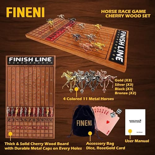 FINENI Horse Racing Game for Adults, Horse Race Board Game with 11 Luxurious Metal Horses (Gold, Silver, Black, Rose Gold), 22” Cherry Wood Horse Race Game Board, Dice & RoseGoldCard Included (Cherry) thumbnail 6