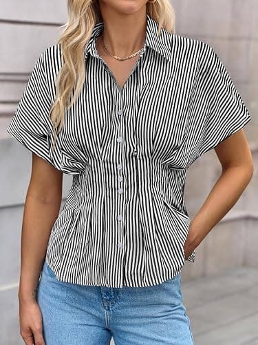 Tankaneo Womens Striped Peplum Button Down Shirts Short Sleeve Pleated Tops Summer Business Casual Blouses thumbnail 3