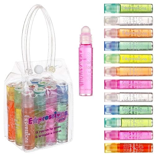 Expressions girl 12pc Roll On Lip Gloss Set with Carrying Case, Glossy Lip Make-up for Kids and Teens - Fruity Flavors, Non Toxic, Kid Friendly, Party Gift, Best Friends - 12 Pack Flavored Lip Gloss - Image 1